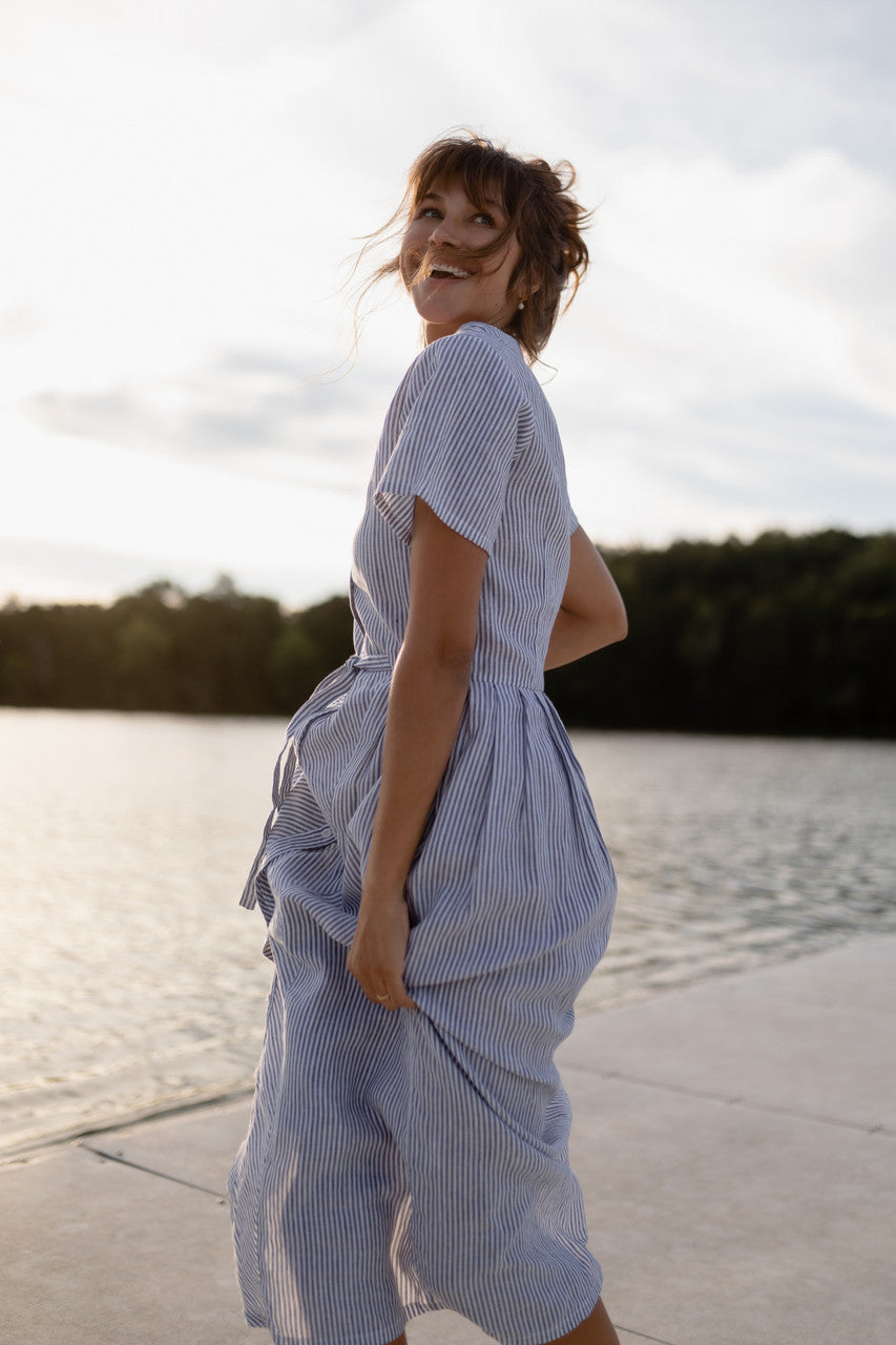 June Dress in Blue and White Stripe Linen/Cotton - Pre-Order 2/30