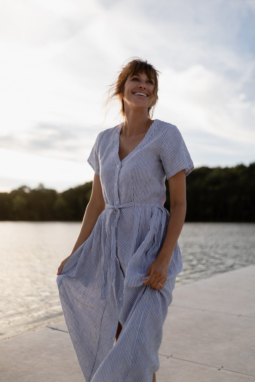 June Dress in Blue and White Stripe Linen/Cotton - Pre-Order 2/30