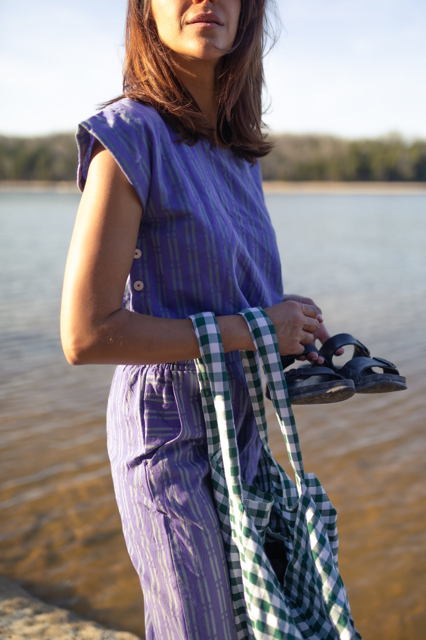Katie Handwoven Cotton Crop Set in Periwinkle and Kelly Green