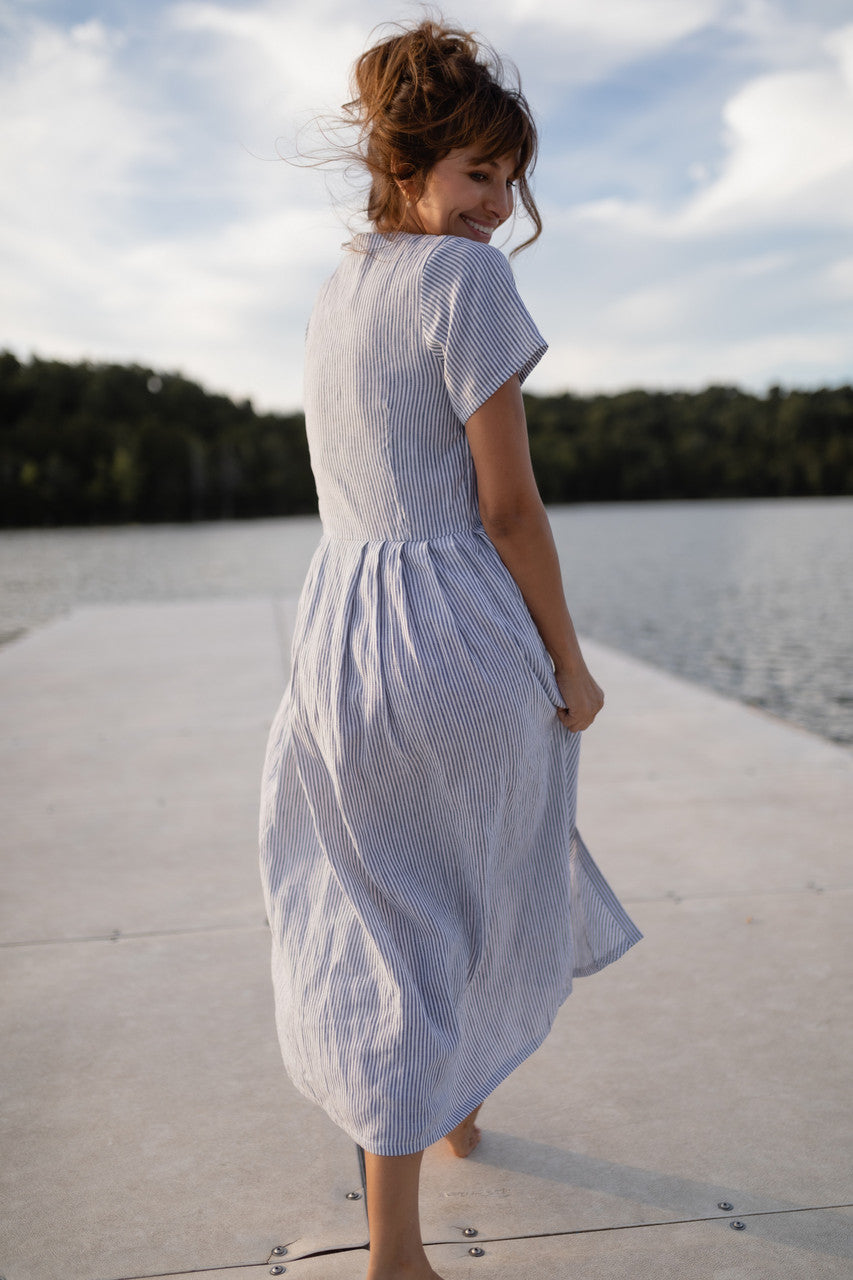 June Dress in Blue and White Stripe Linen/Cotton - Pre-Order 2/30