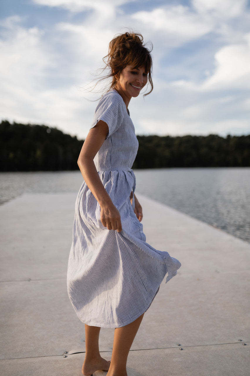 June Dress in Blue and White Stripe Linen/Cotton - Pre-Order 2/30