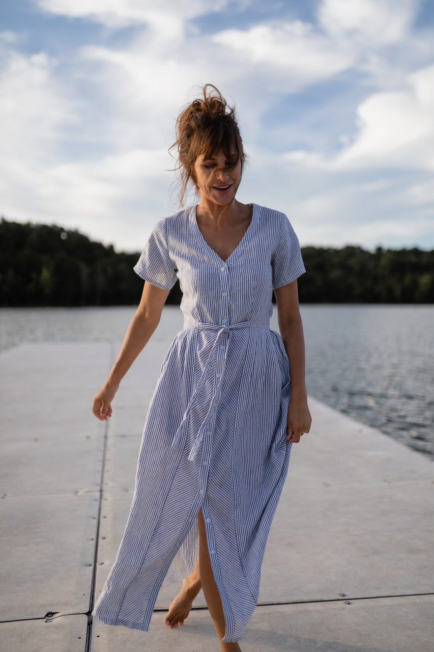 June Dress in Blue and White Stripe Linen/Cotton - Pre-Order 2/30