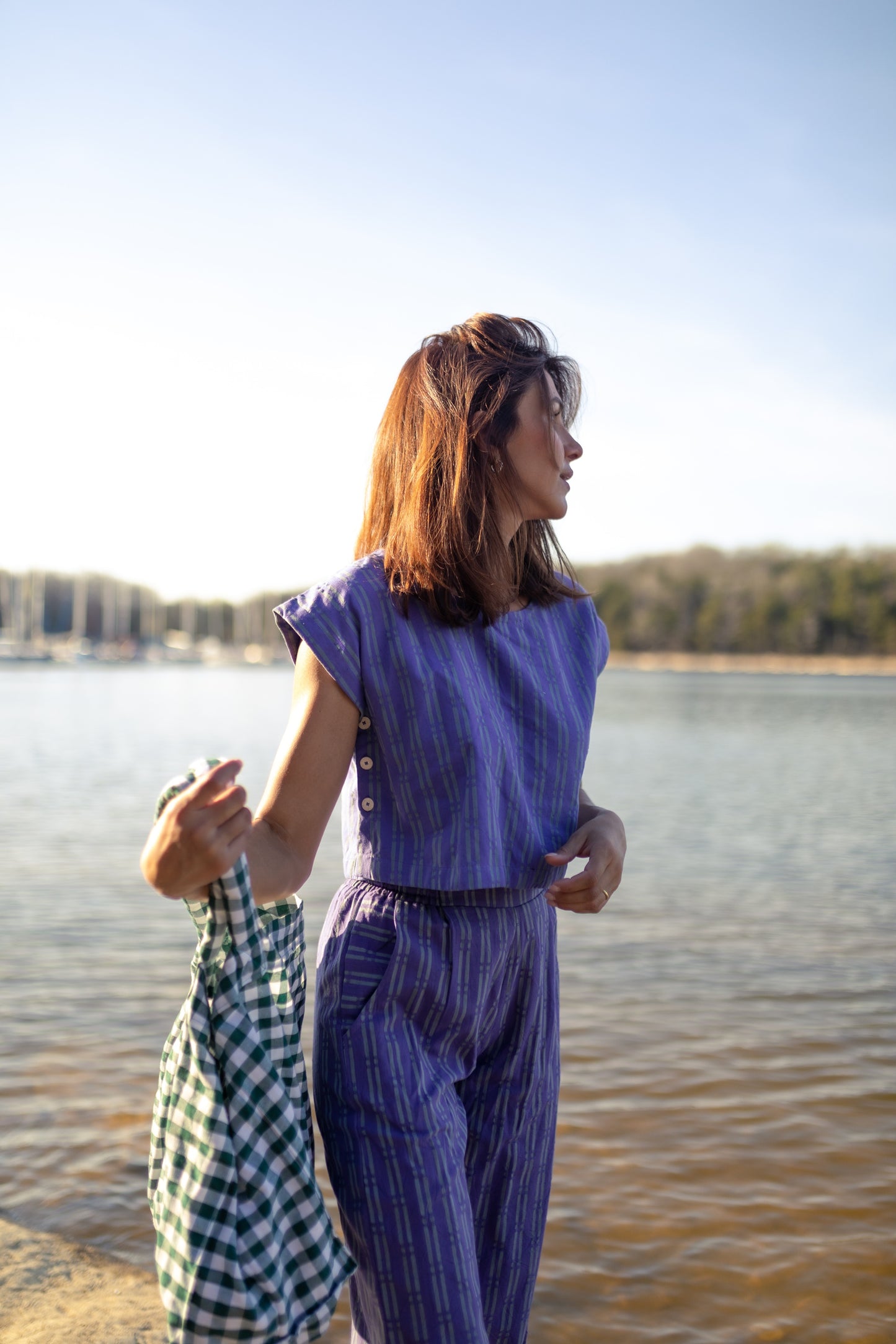 Katie Handwoven Cotton Crop Set in Periwinkle and Kelly Green