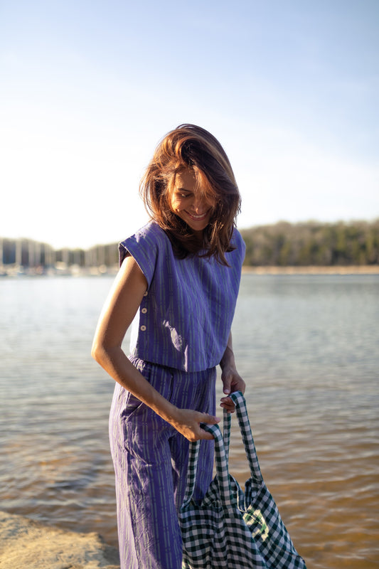 Katie Handwoven Cotton Crop Set in Periwinkle and Kelly Green