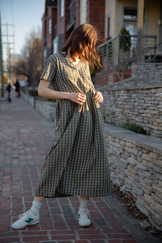 Eloise Handwoven Cotton Dress in Green Gingham