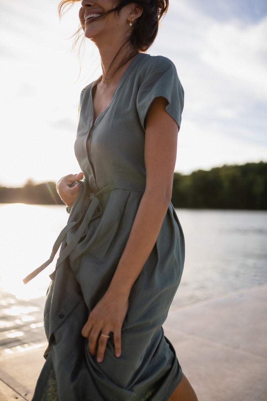 June Dress Short Sleeves in Sage Green Linen/Cotton Xs June Dress Short Sleeves in Sage Green Linen/Cotton Xs