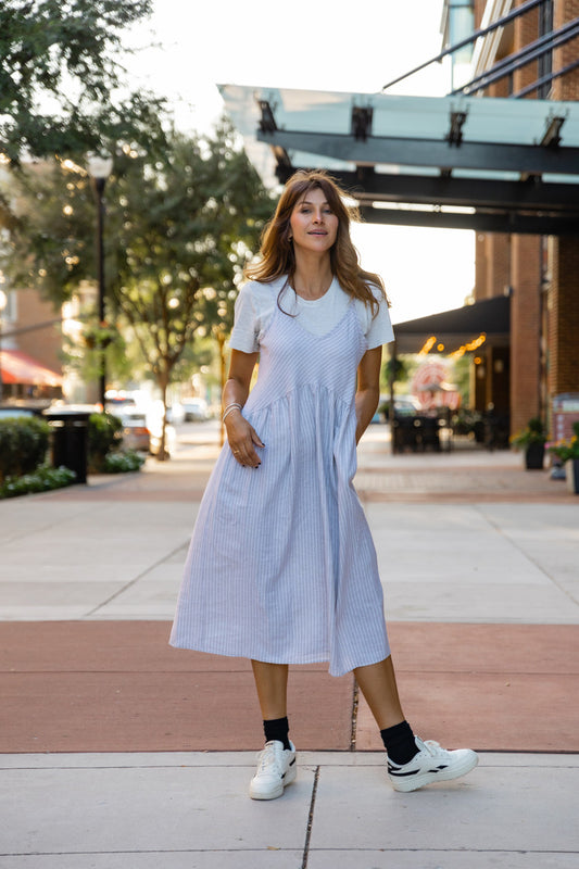 Faro Dress in Recycled Beige and White Linen