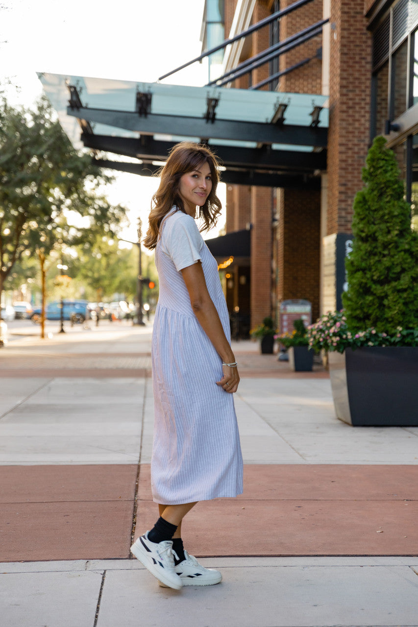 Faro Dress in Recycled Beige and White Linen