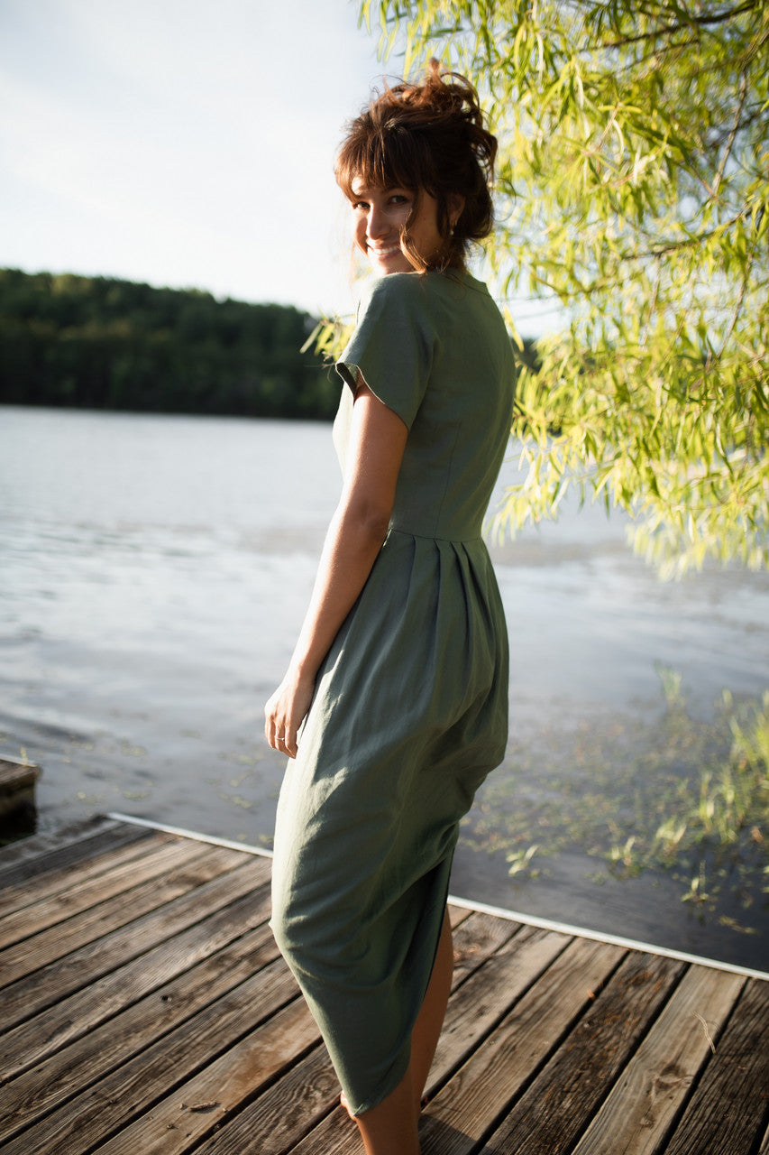 June Dress Short Sleeves in Sage Green Linen/Cotton Xs June Dress Short Sleeves in Sage Green Linen/Cotton Xs