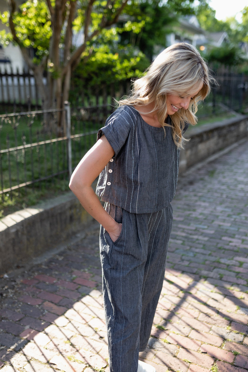 Handwoven Cotton Crop Pants in Midnight Chambray Made to Order