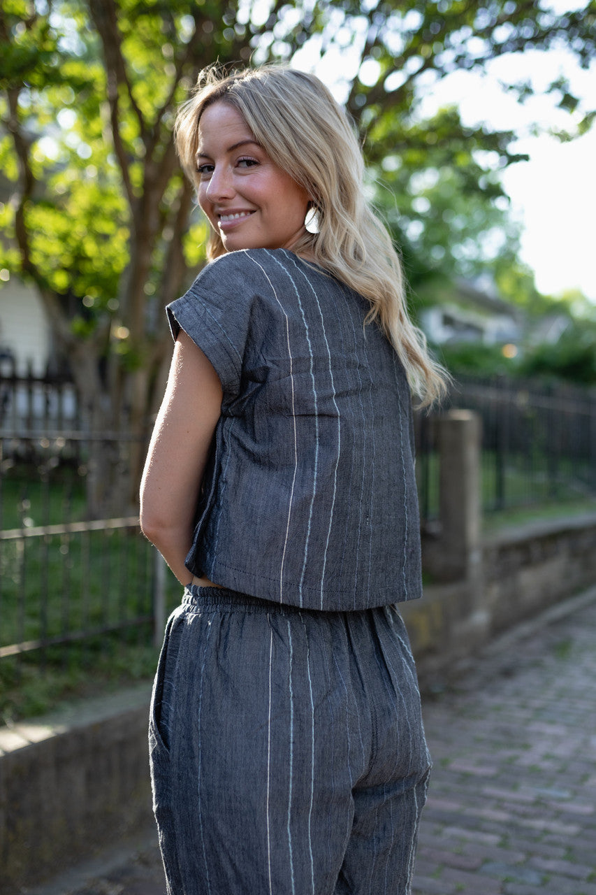 Handwoven Cotton Crop Pants in Midnight Chambray Made to Order