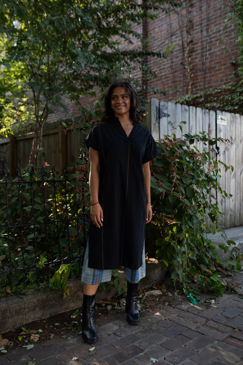 Paula Handwoven Cotton Tunic Dress in Teal Plaid Made to Order