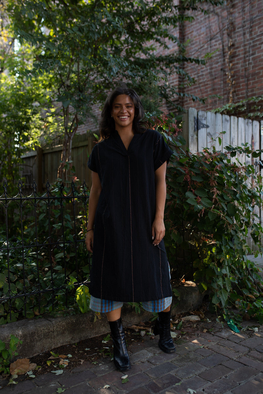 Paula Handwoven Cotton Tunic Dress in Teal Plaid Made to Order