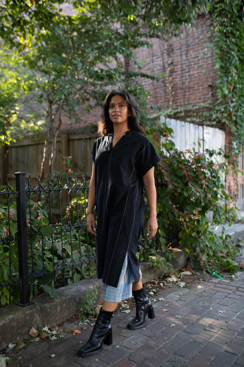 Paula Handwoven Cotton Tunic Dress in Teal Plaid Made to Order