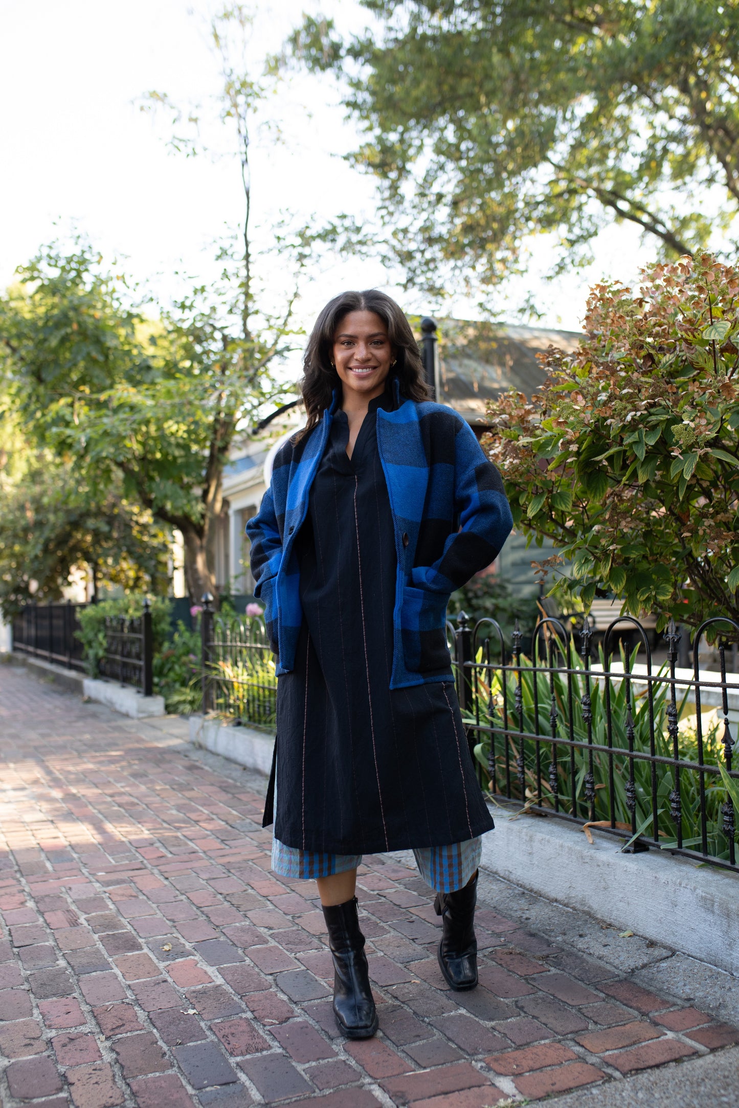 Portuguese Wool Pieper Coat in Cobalt and Black Plaid Made to Order