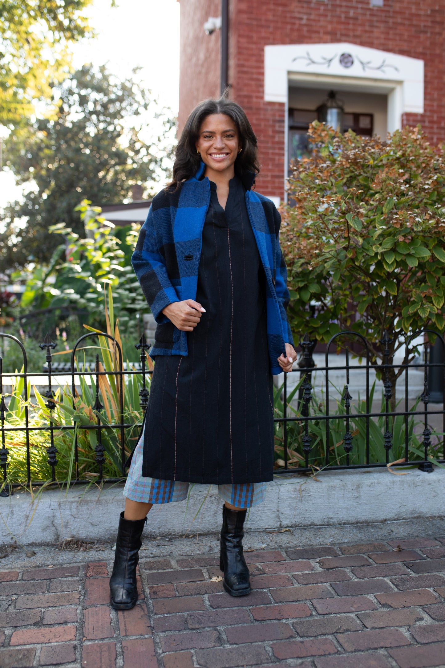 Portuguese Wool Pieper Coat in Cobalt and Black Plaid Made to Order