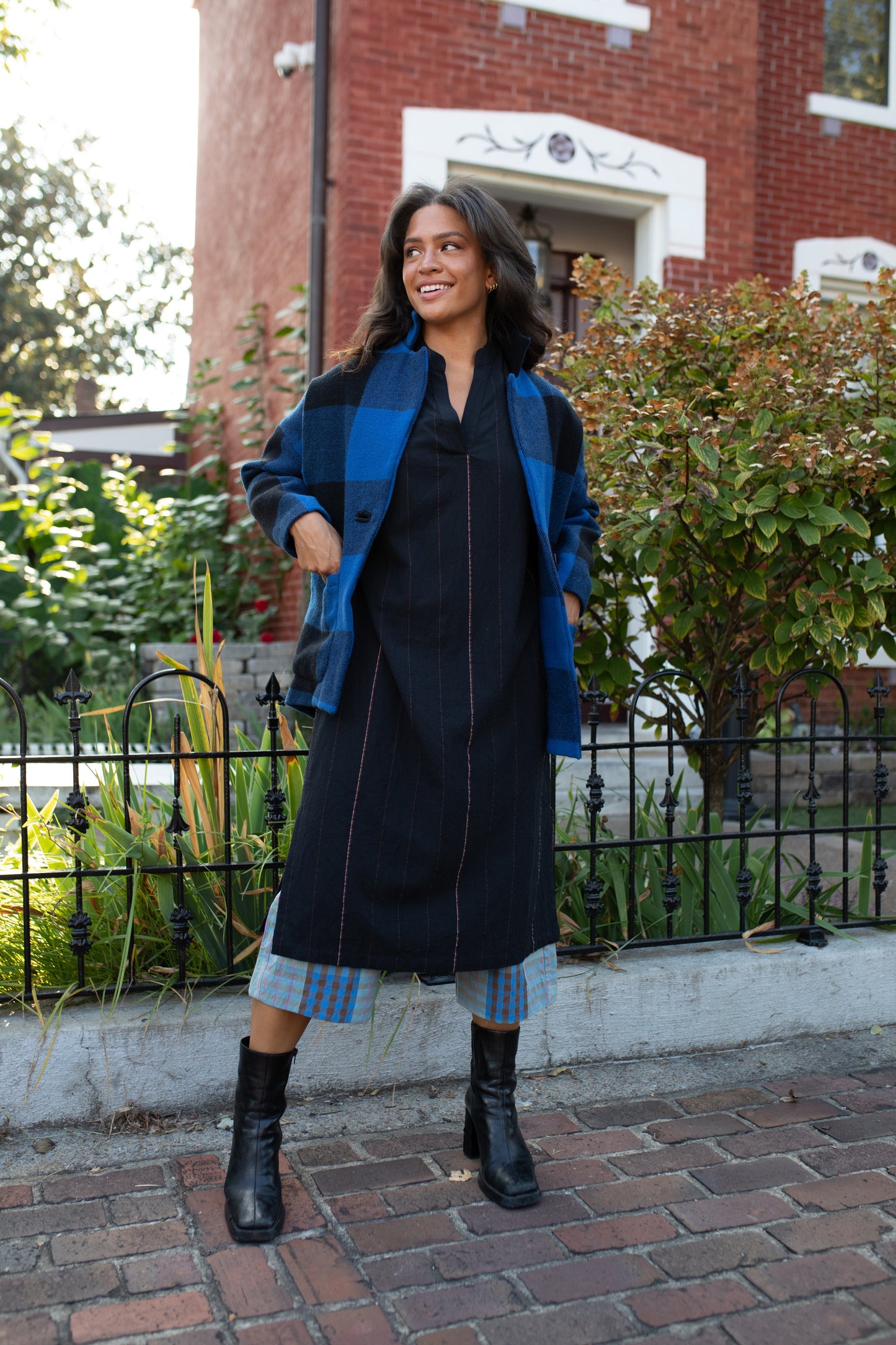 Portuguese Wool Pieper Coat in Cobalt and Black Plaid Made to Order