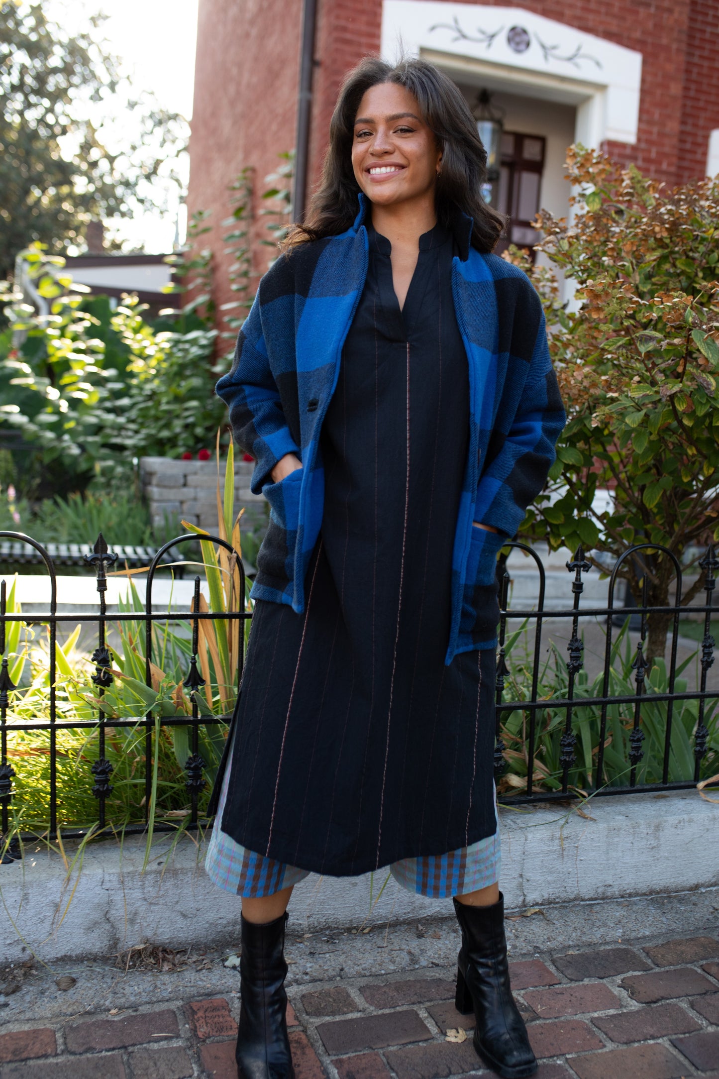 Portuguese Wool Pieper Coat in Cobalt and Black Plaid Made to Order