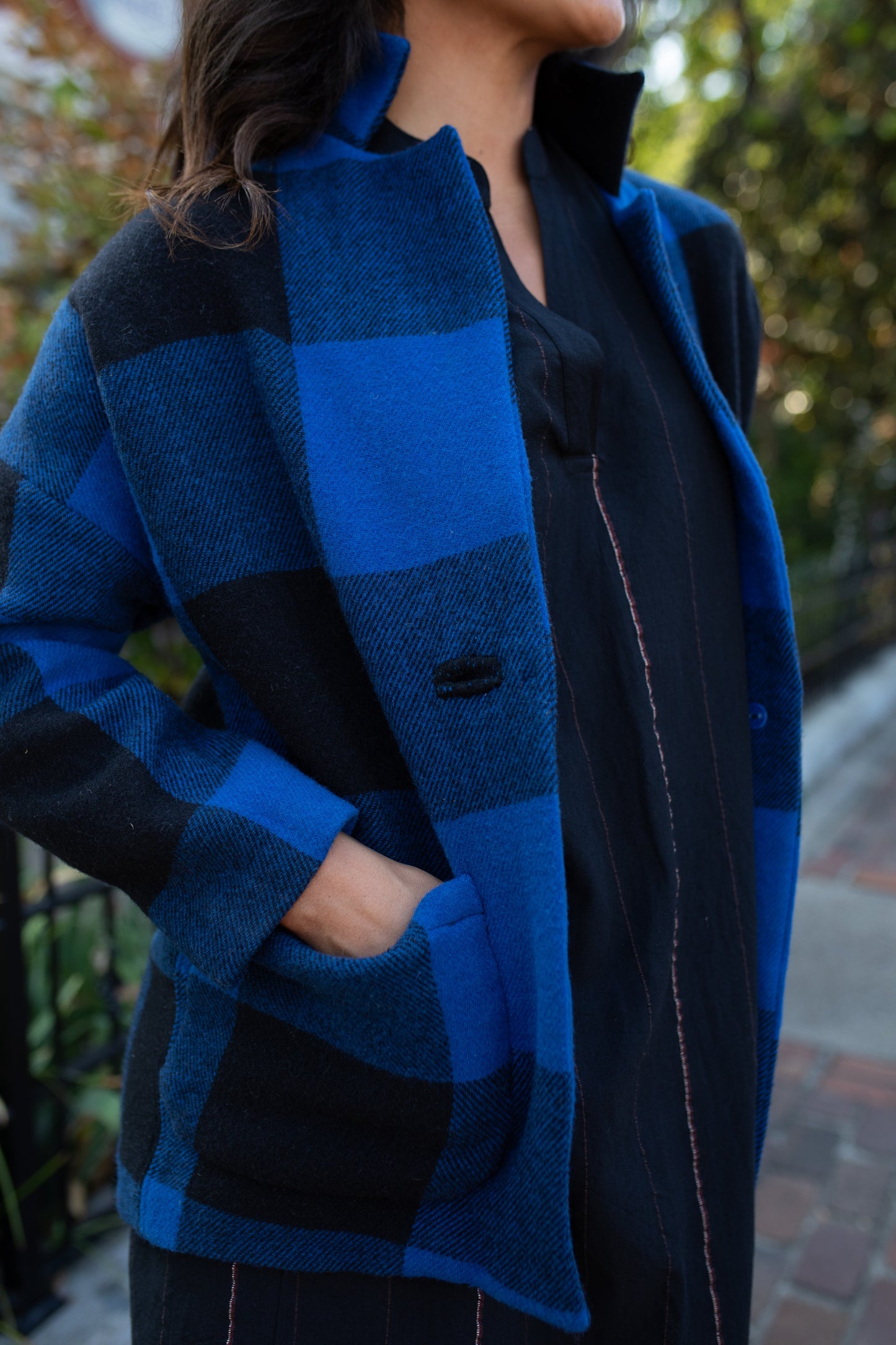 Portuguese Wool Pieper Coat in Cobalt and Black Plaid Made to Order