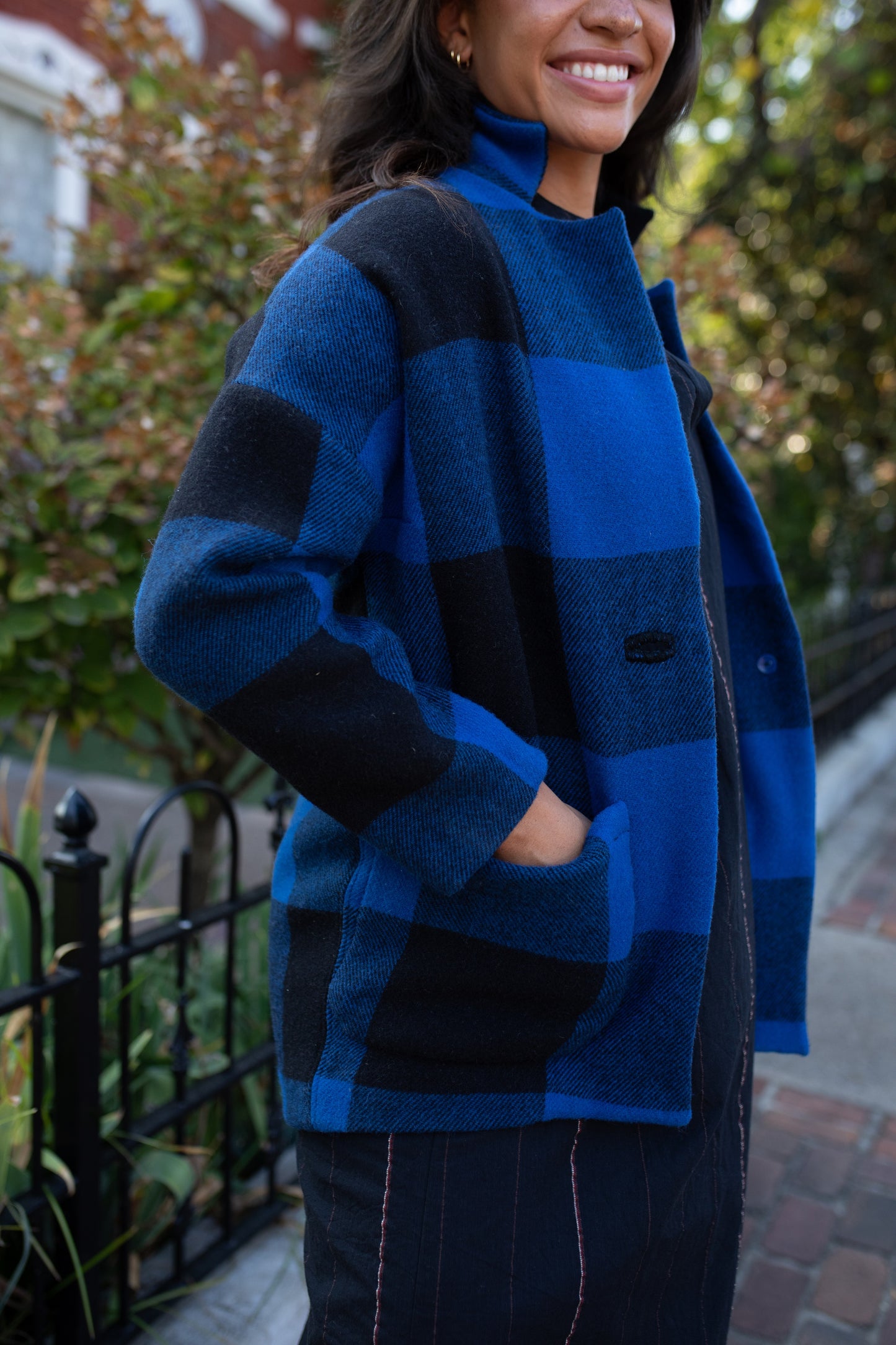 Portuguese Wool Pieper Coat in Cobalt and Black Plaid Made to Order