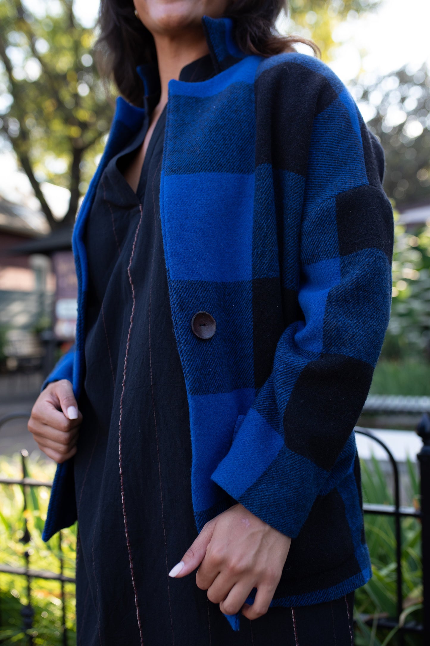 Portuguese Wool Pieper Coat in Cobalt and Black Plaid Made to Order