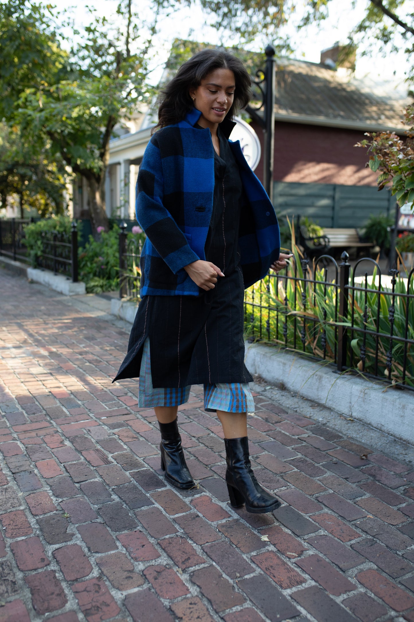 Portuguese Wool Pieper Coat in Cobalt and Black Plaid Made to Order