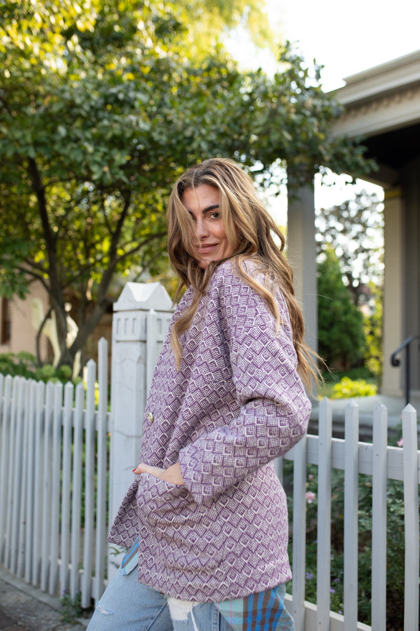 Portuguese Wool Pieper Coat in Purple Dot Made to Order