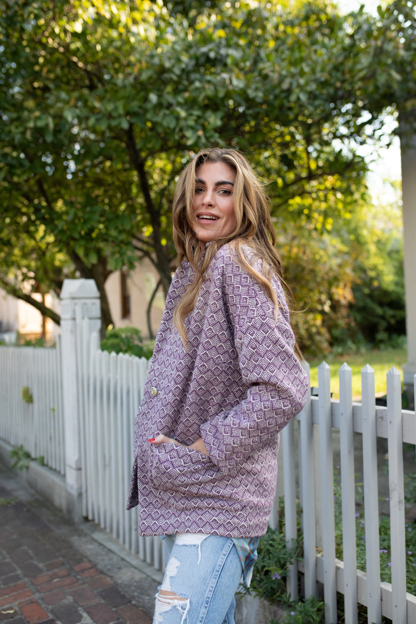 Portuguese Wool Pieper Coat in Purple Dot Made to Order