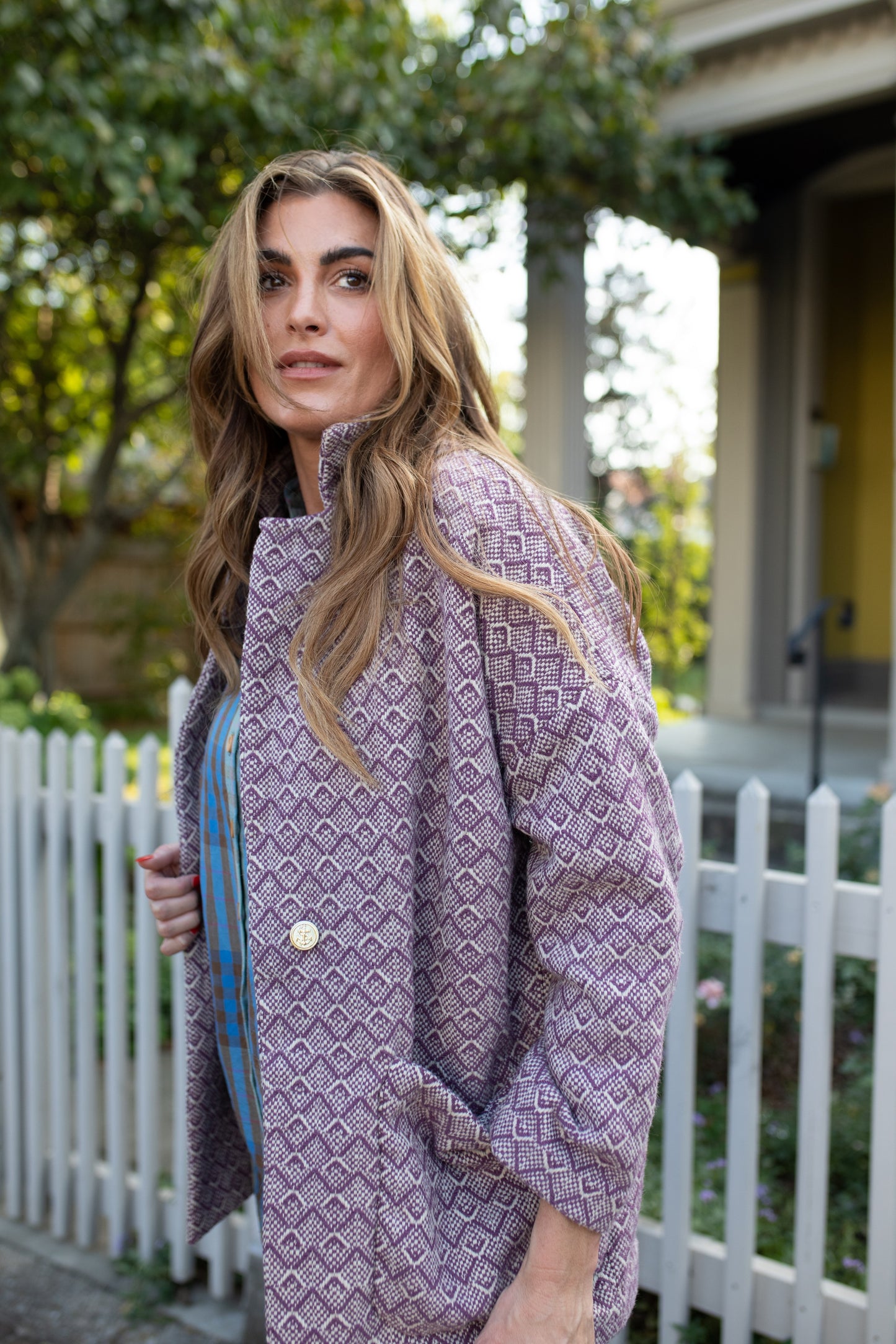 Portuguese Wool Pieper Coat in Purple Dot Made to Order