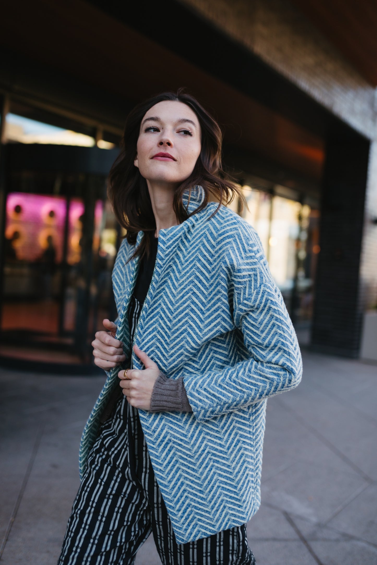 Portuguese Wool Pieper Coat in Cobalt and Cream Herringbone Made to Order