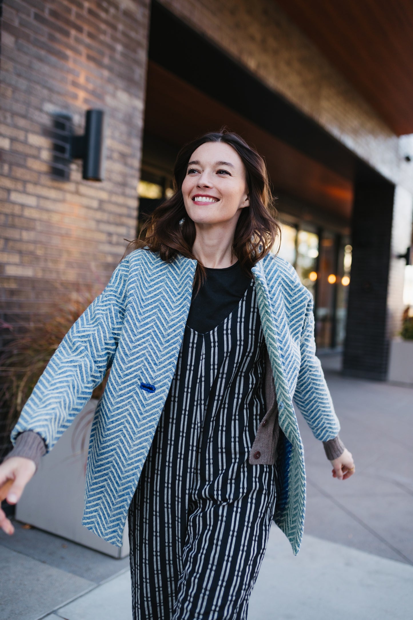 Portuguese Wool Pieper Coat in Cobalt and Cream Herringbone Made to Order