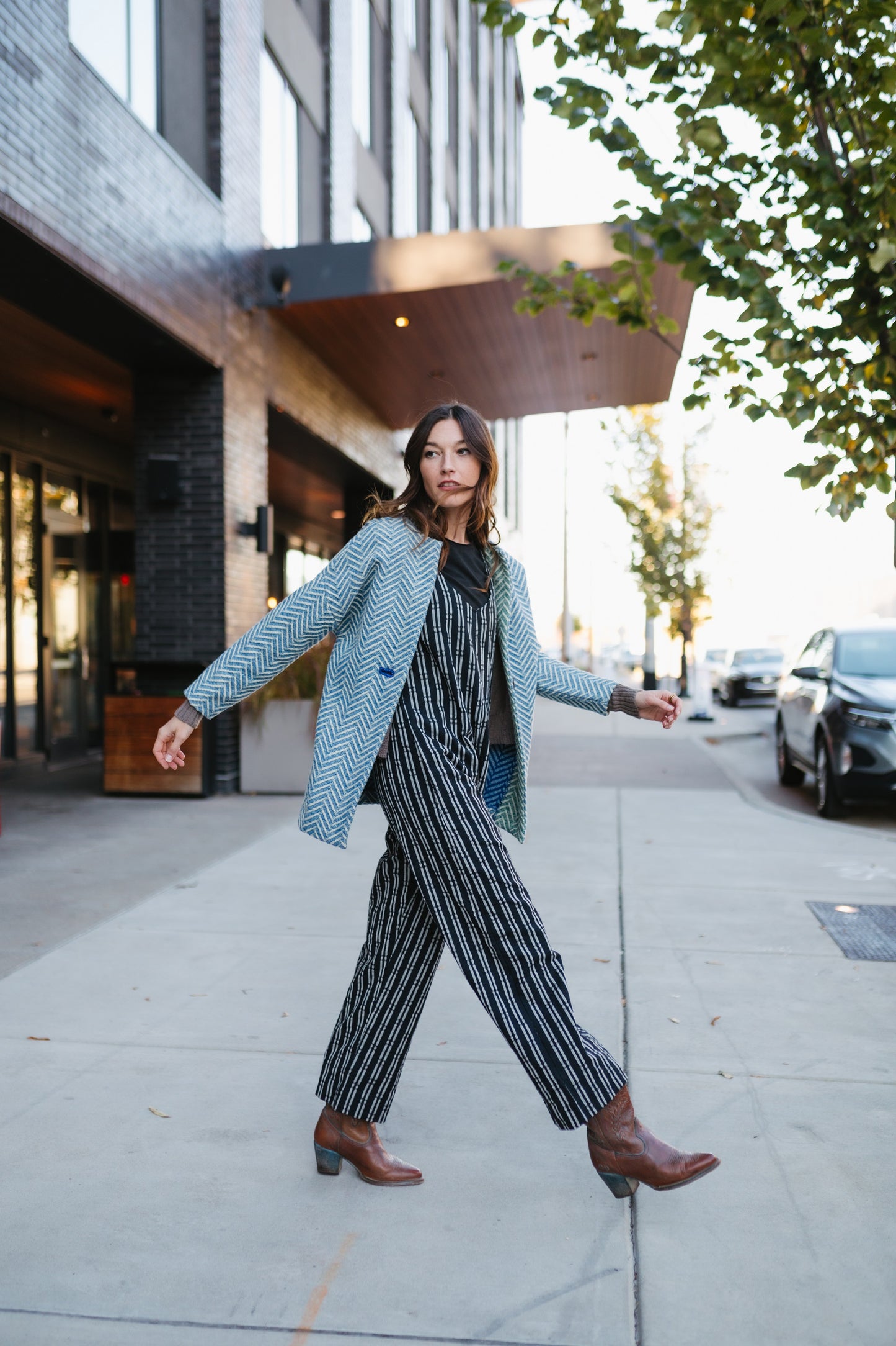 Portuguese Wool Pieper Coat in Cobalt and Cream Herringbone Made to Order