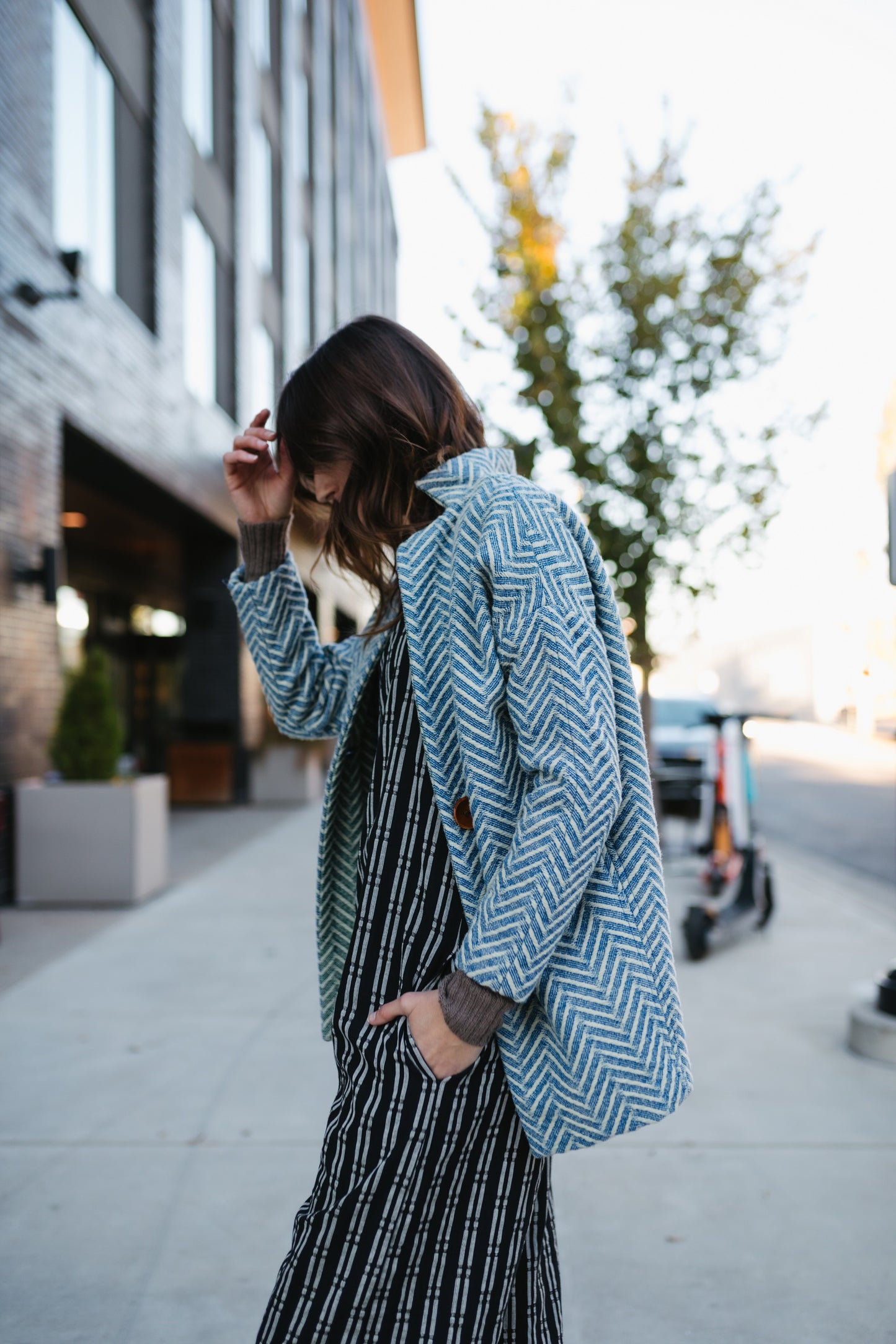 Portuguese Wool Pieper Coat in Cobalt and Cream Herringbone Made to Order