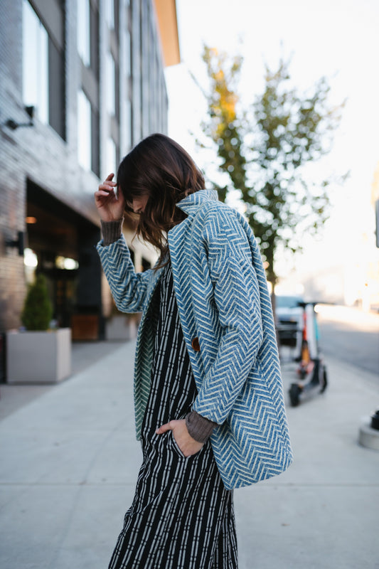 Portuguese Wool Pieper Coat in Cobalt and Cream Herringbone Made to Order