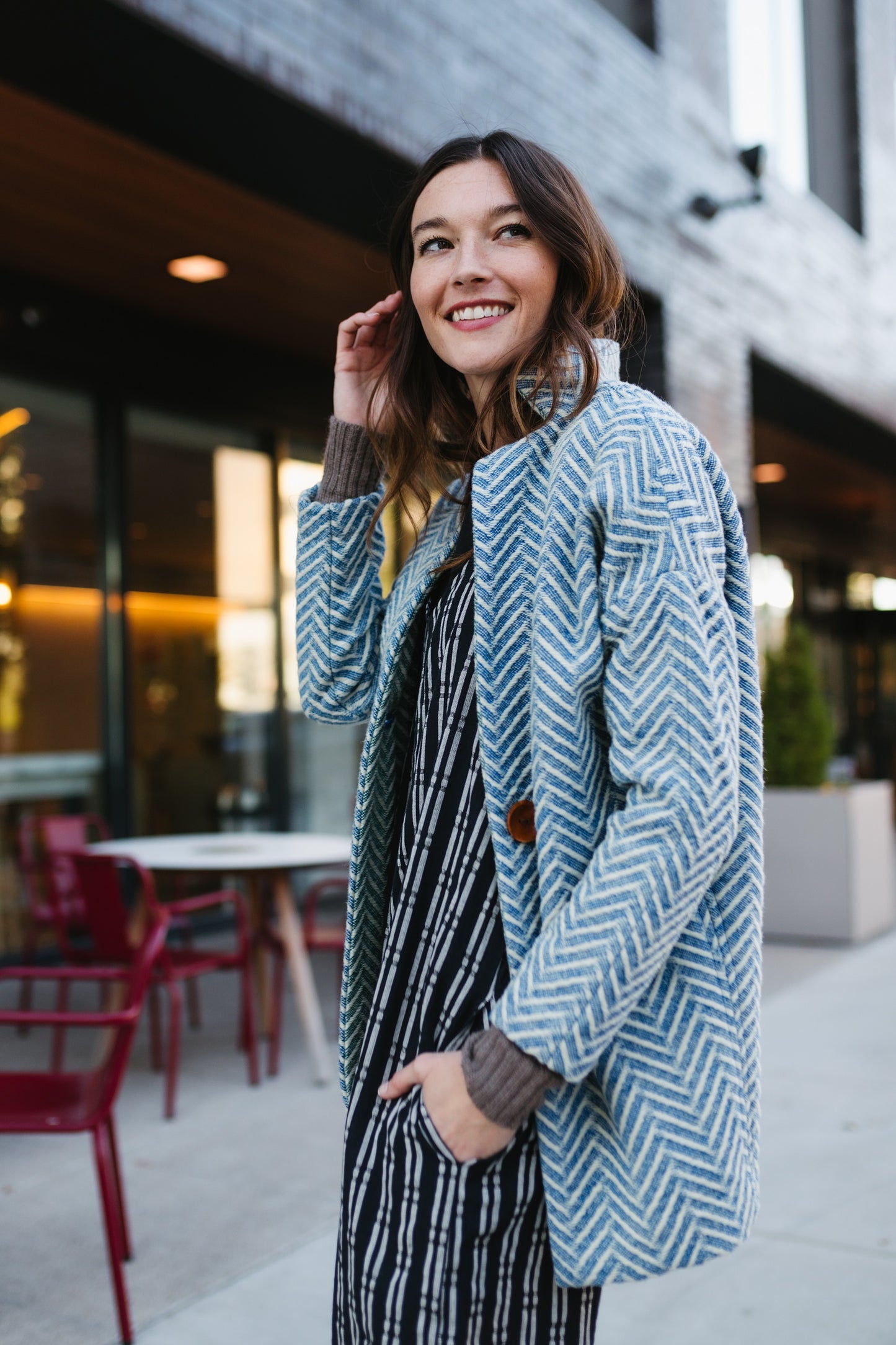 Portuguese Wool Pieper Coat in Cobalt and Cream Herringbone Made to Order