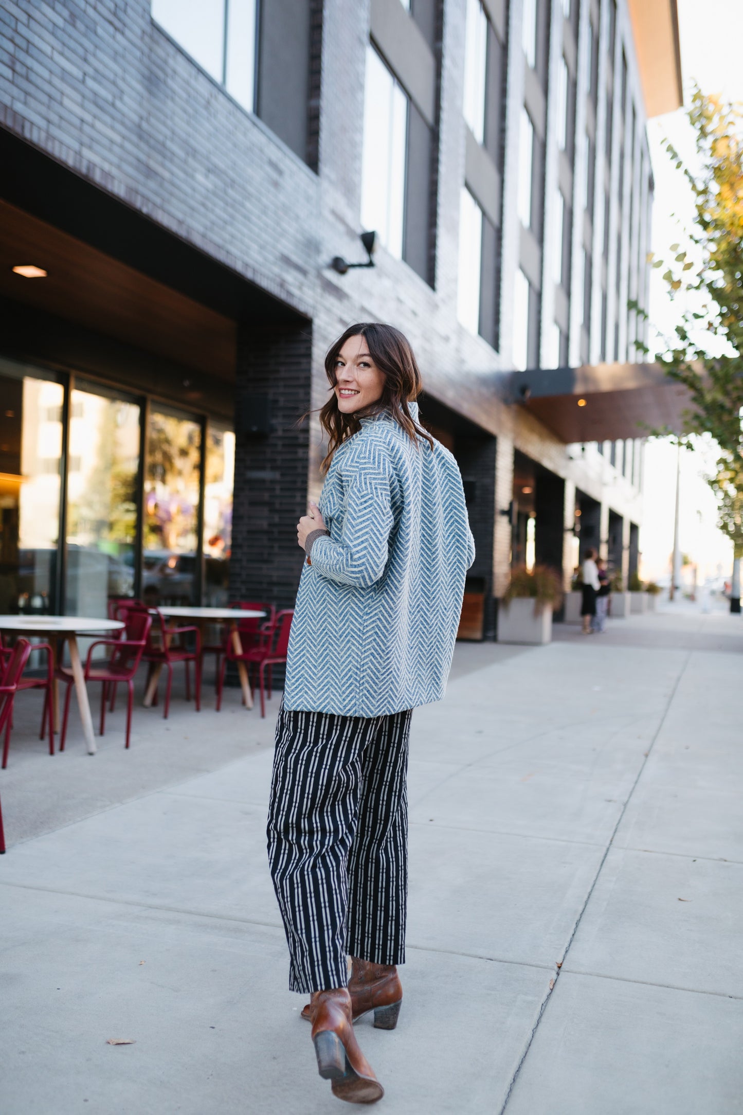 Portuguese Wool Pieper Coat in Cobalt and Cream Herringbone Made to Order