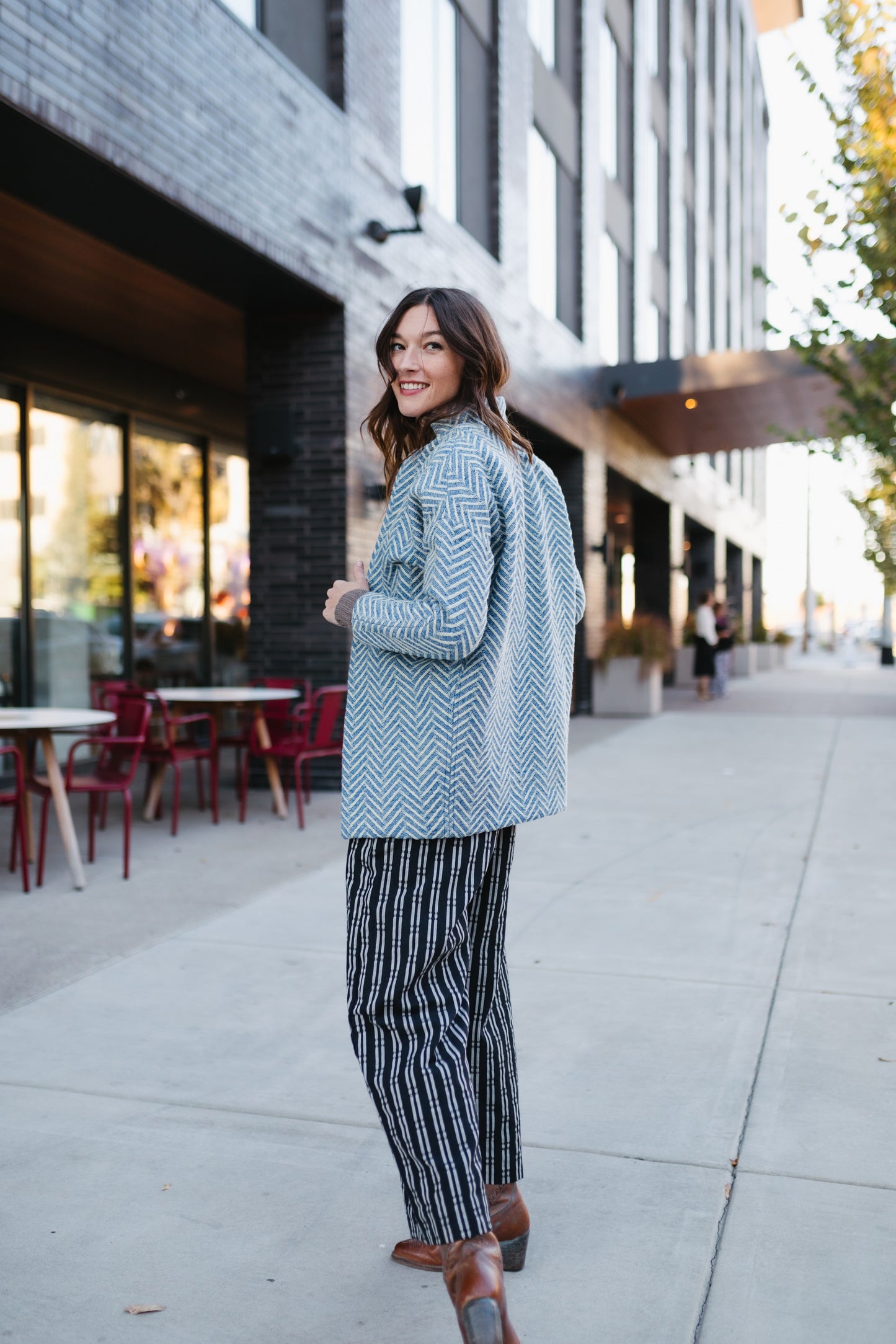 Portuguese Wool Pieper Coat in Cobalt and Cream Herringbone Made to Order