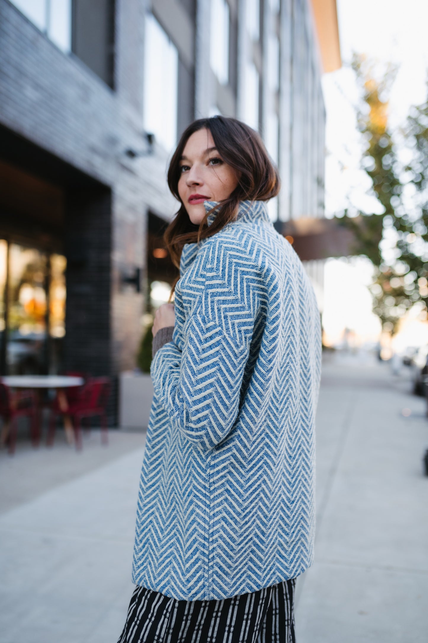 Portuguese Wool Pieper Coat in Cobalt and Cream Herringbone Made to Order