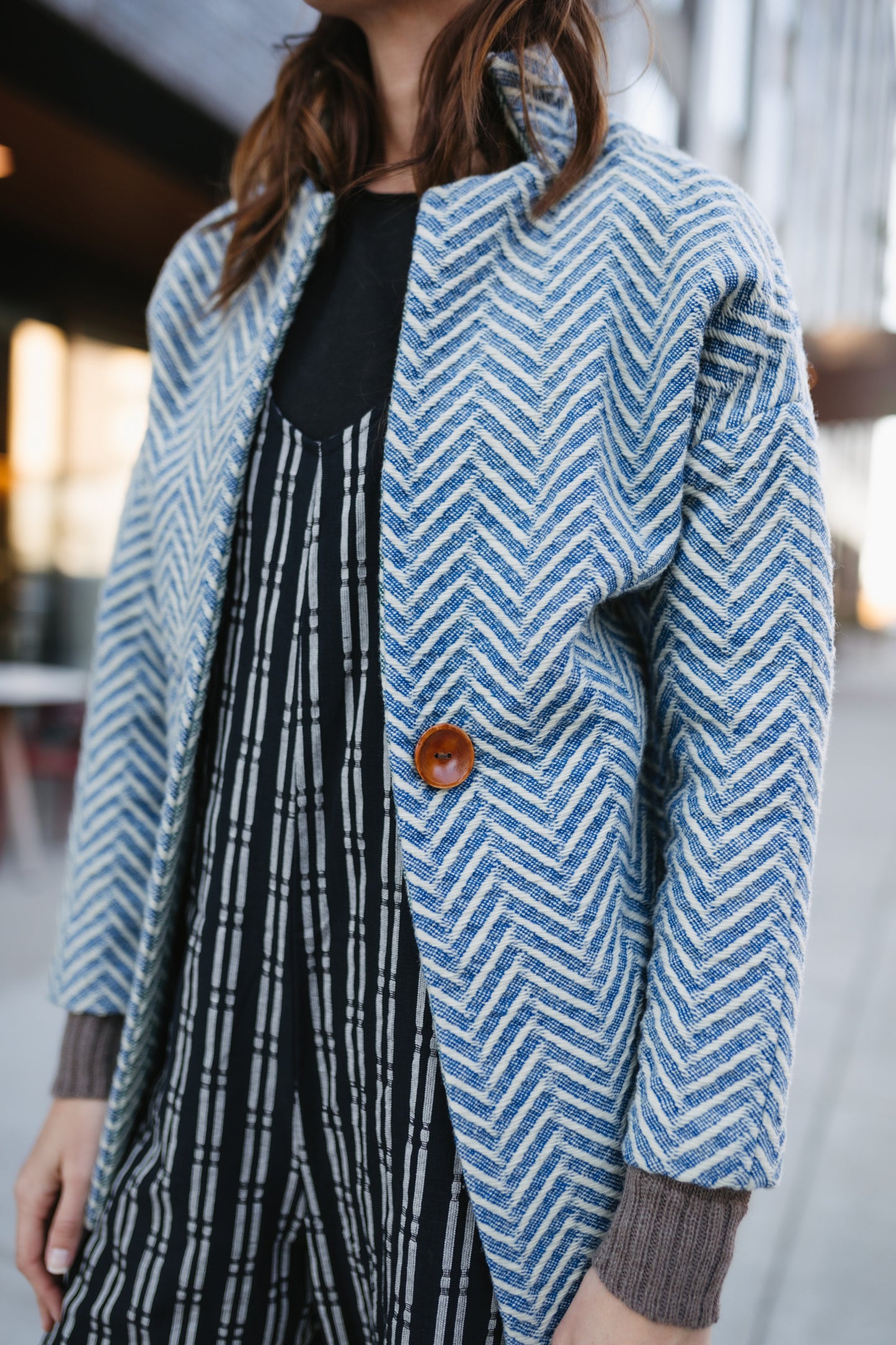 Portuguese Wool Pieper Coat in Cobalt and Cream Herringbone Made to Order