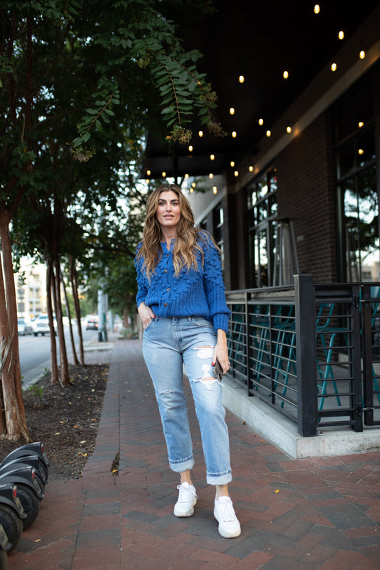 Hand Knit Nepali Wool Jill Sweater in Cobalt