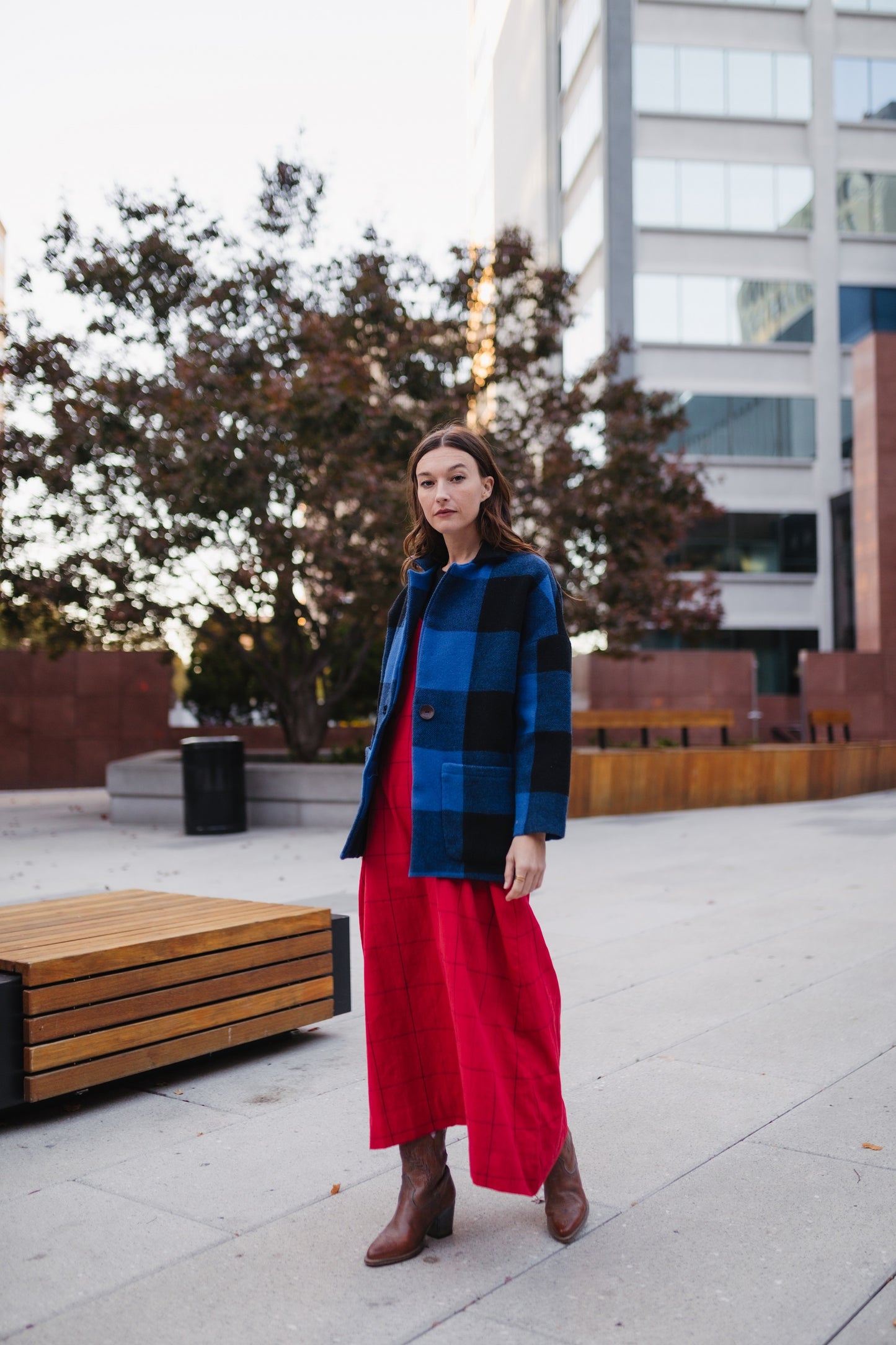 Portuguese Wool Pieper Coat in Cobalt and Black Plaid Made to Order