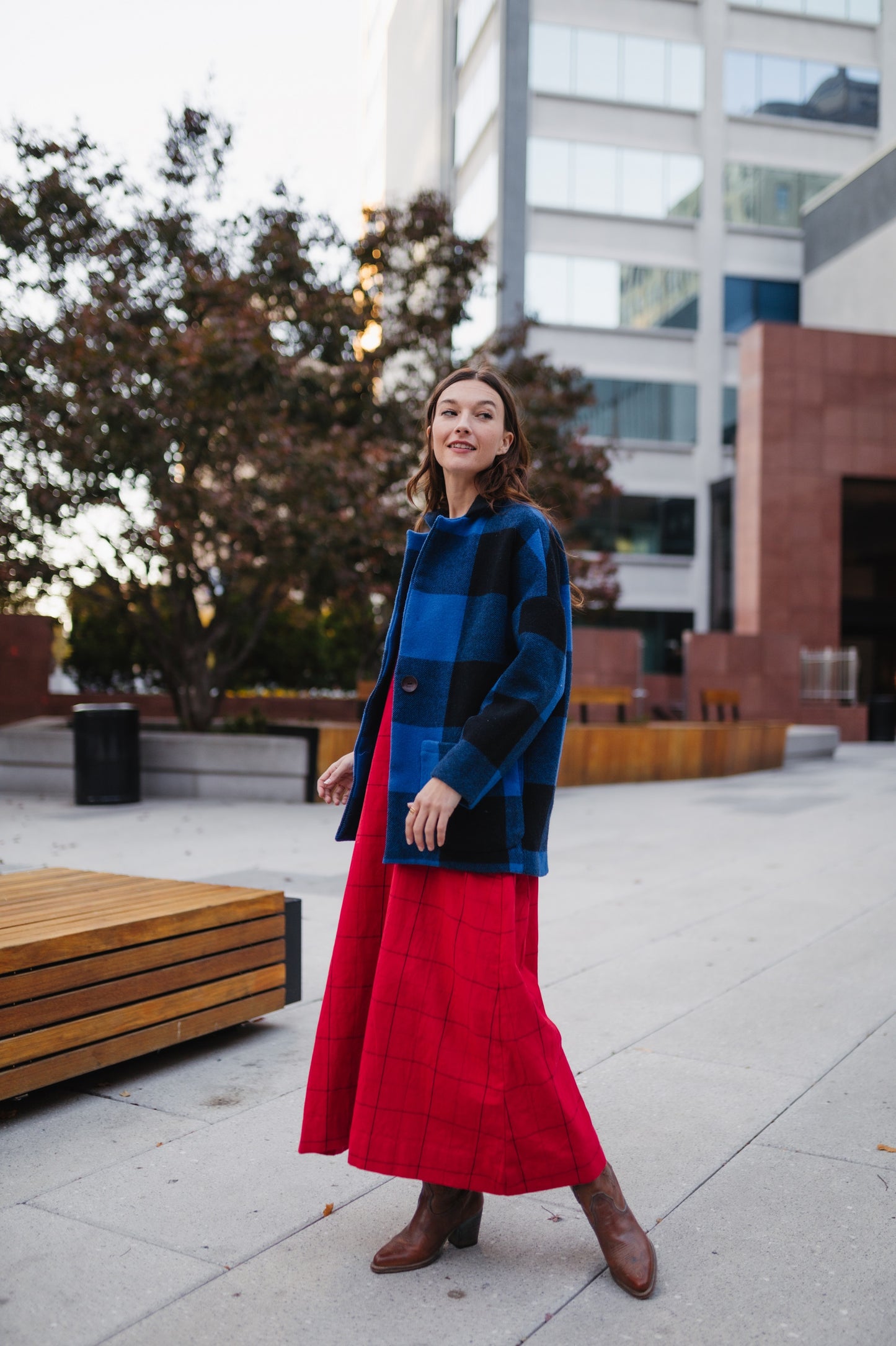 Portuguese Wool Pieper Coat in Cobalt and Black Plaid Made to Order