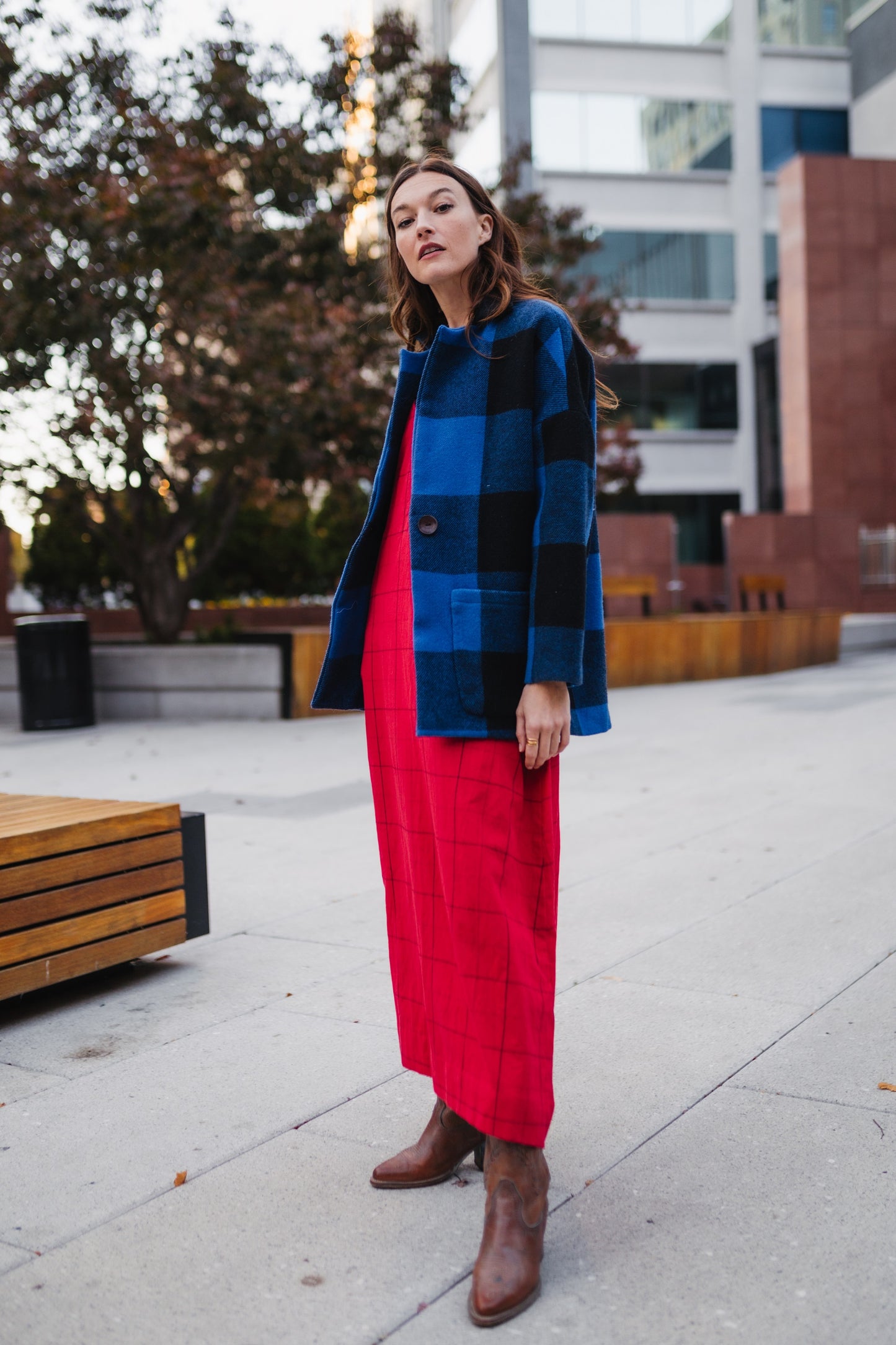 Portuguese Wool Pieper Coat in Cobalt and Black Plaid Made to Order