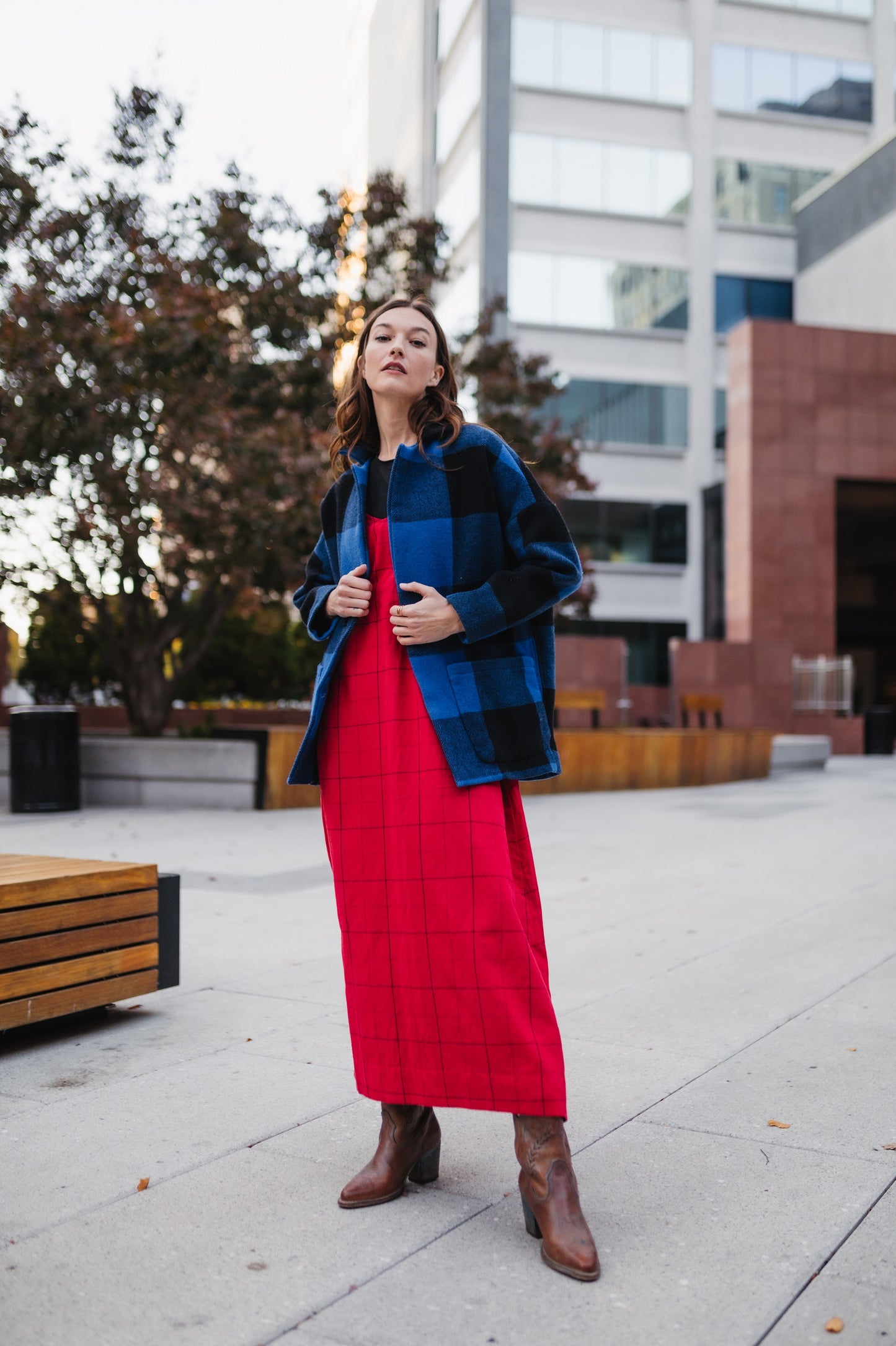 Portuguese Wool Pieper Coat in Cobalt and Black Plaid Made to Order