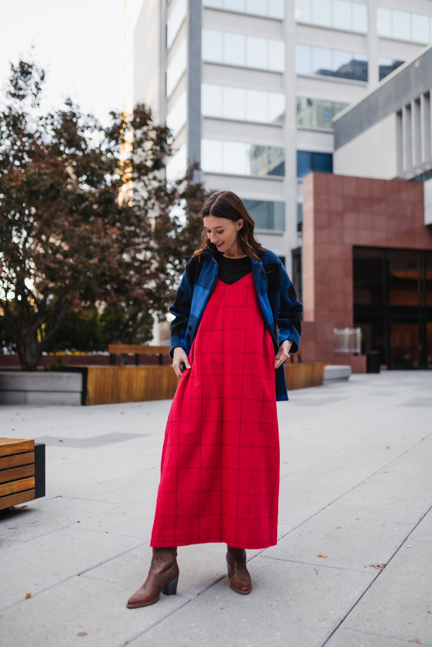 Portuguese Wool Pieper Coat in Cobalt and Black Plaid Made to Order