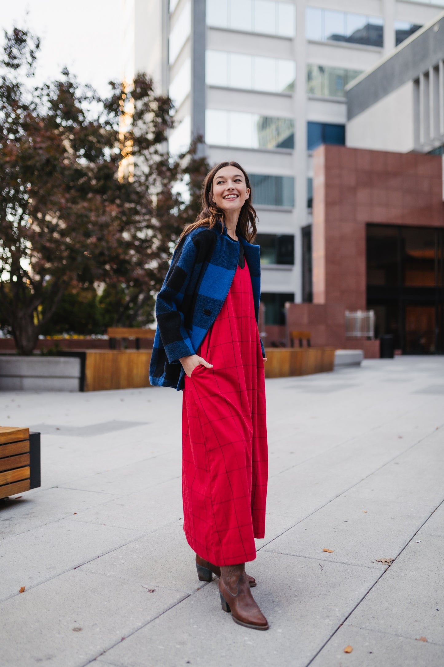 Portuguese Wool Pieper Coat in Cobalt and Black Plaid Made to Order