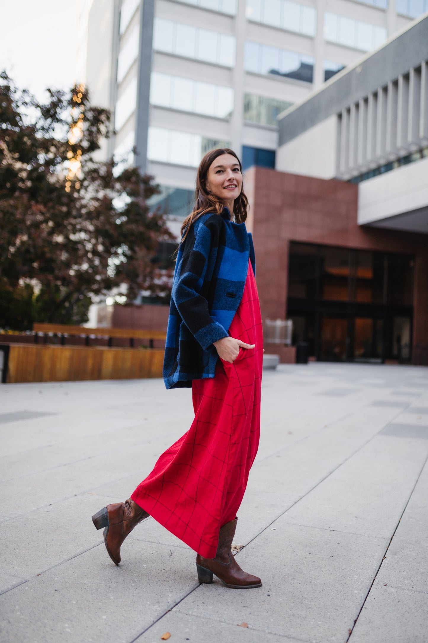 Portuguese Wool Pieper Coat in Cobalt and Black Plaid Made to Order