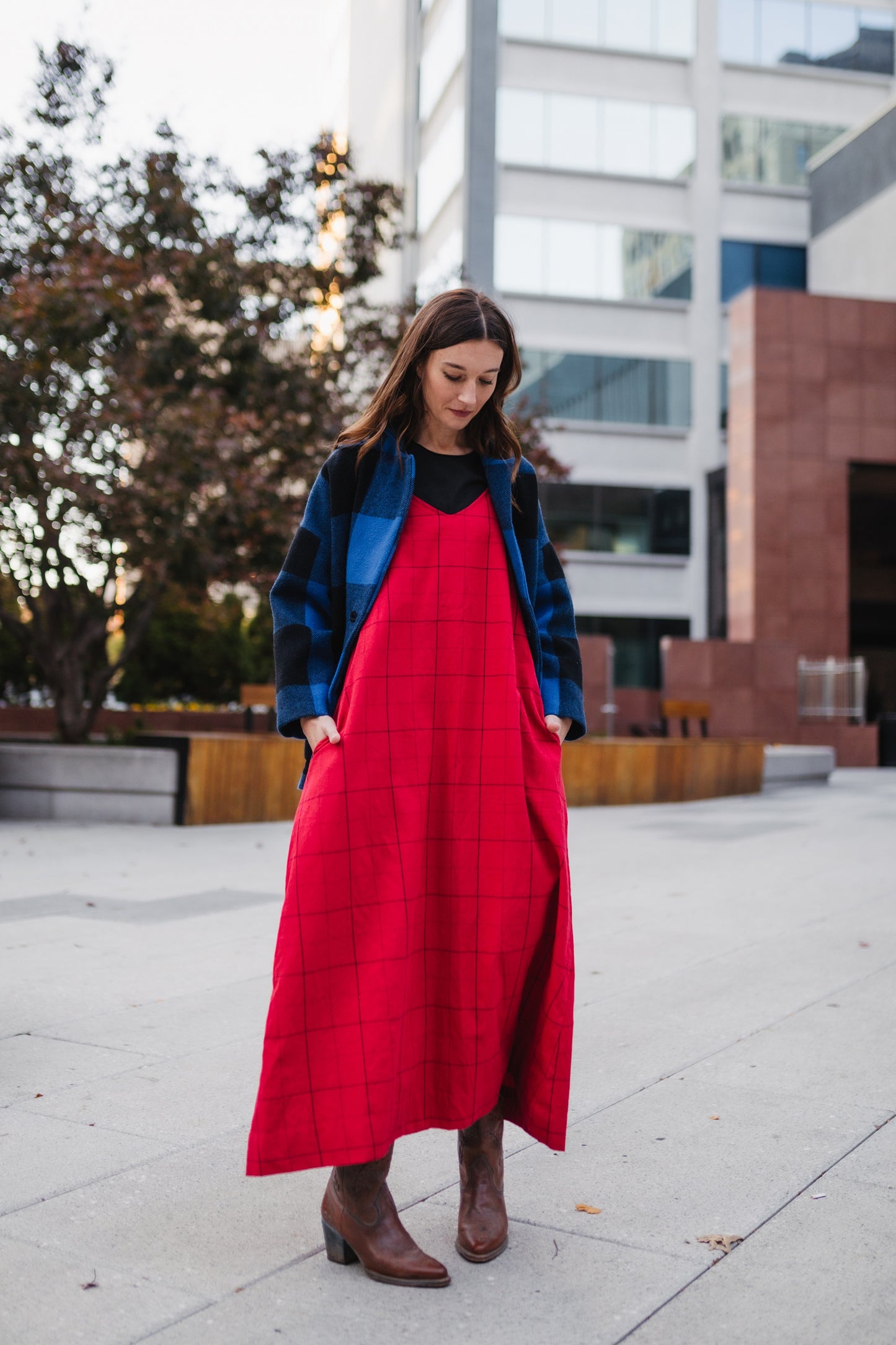 Portuguese Wool Pieper Coat in Cobalt and Black Plaid Made to Order