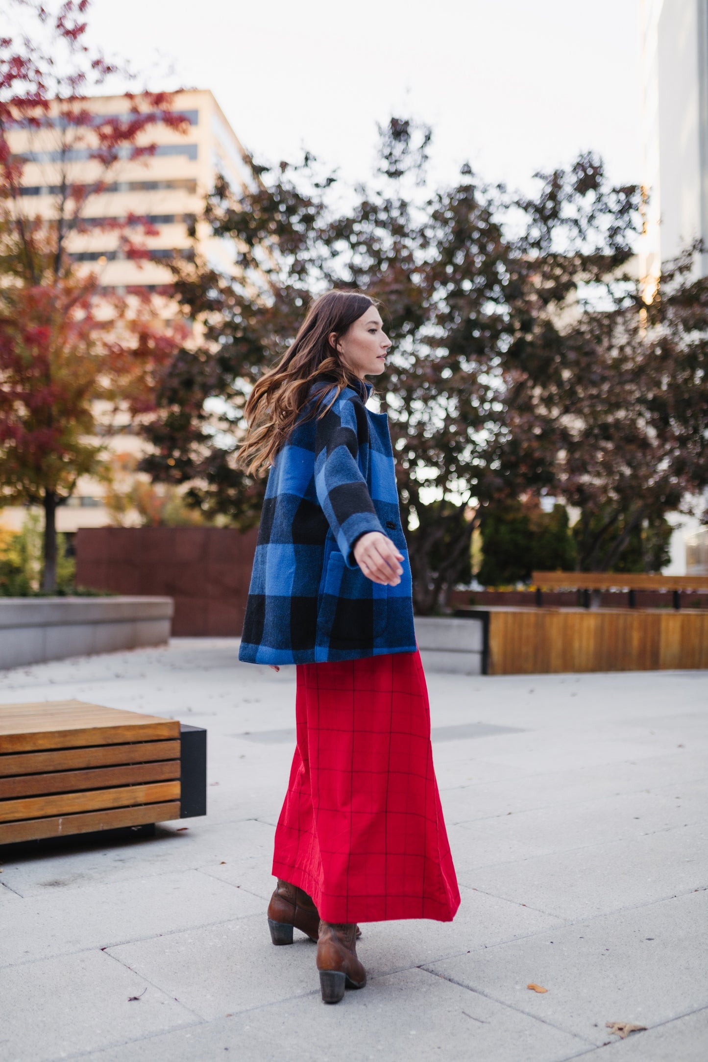 Portuguese Wool Pieper Coat in Cobalt and Black Plaid Made to Order