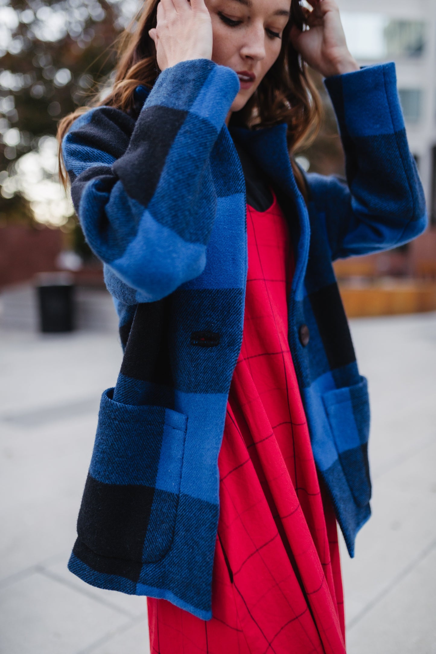 Portuguese Wool Pieper Coat in Cobalt and Black Plaid Made to Order